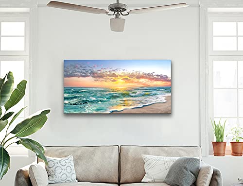 Beach Ocean Wall Art Pictures For Living Room - Canvas Print Wall Art Beach Sunset Ocean Waves Nature Pictures Framed For Bedroom Farmhouse Office Wall Décoration Teal Blue 40"X20" #TOP2