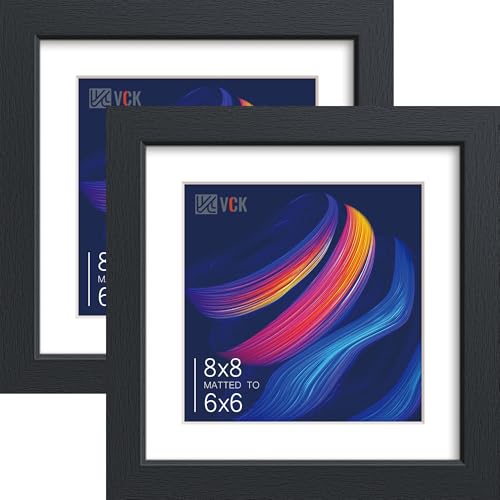 Image of VCK 8x8 Picture Frame 2 Pack, Black Wood, 6x6 Mat, Glass, for Photo Print