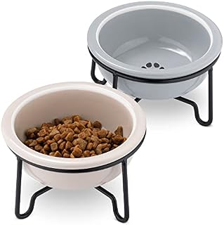 Navaris Ceramic Cat Bowls with Stand - 2x Cat Food Bowls - Elevated Double Bowl with Holder for Cats & Small Dogs Raised Metal Wire Stand