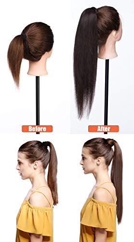 Elailite Brown Human Hair Ponytail Real Hair Extension Straight - Wrap Around Clip in Ponytail 100% Remy Hair (#2 Dark Brown, 22 Inch) - Image 2