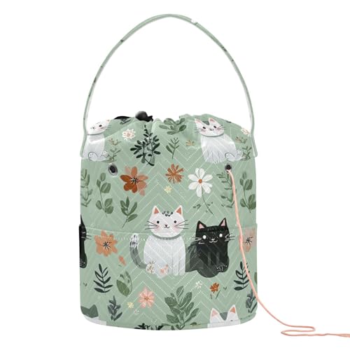 Tatenale Bolsa de crochê, bolsa de tricô para projetos de tricô com bolsos e alça organizador de armazenamento de fios portátil, sem emaranhados, 21 x 28 cm, verde menta floral e gatos fofos02