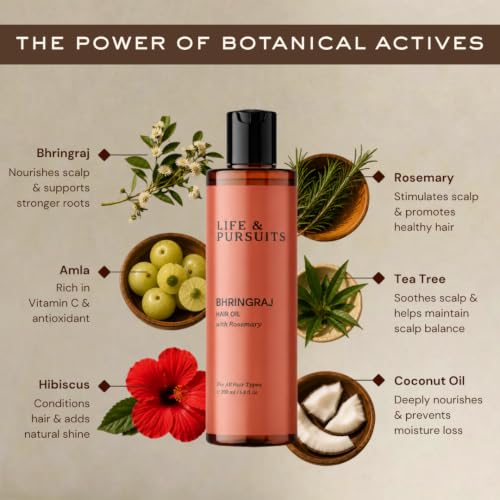 Life & Pursuits Bhringraj Hair Oil, 6.8 Fl Oz - Ayurvedic Hair Growth Oil with Rosemary, Amla & Tea Tree, Natural Scalp Oil for Dry Hair, Dry Scalp, Frizzy & Curly Hair, Weak Roots, Men & Women Detail