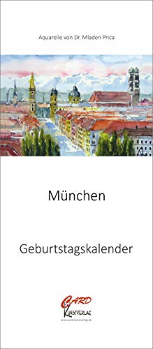 Geburtstagskalender mit Spiralbindung, Format 14x32 cm, immerwährender Wandkalender, Aquarell Motive von München, Kalender für Geburtstage Cover