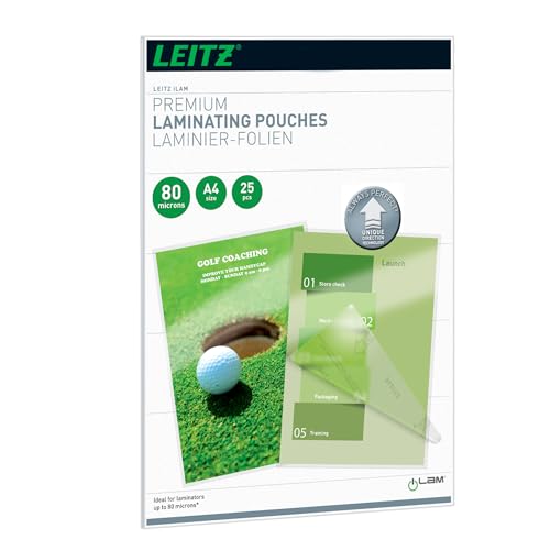 Leitz Heißlaminierfolien A4 80 mic, Laminierfolien in Premium-Qualität im 25er Pack, Glänzend, Transparent, Vereinfachtes Einlegen durch UDT, iLAM, 74790000