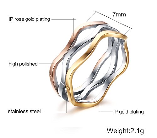 VNOX Womens Stainless Steel Tri-color Wave Band Ring for Wedding Promise Engagement,Size 92