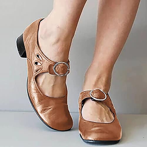 Hbeylia Women's Fashion Mary Jane Shoes Vintage Round Toe Ankle Strap Anti Slip Low Heels Pumps Oxford Dress Loafers Slip-On Flats Shoes for Wedding Halloween Christmas Party2