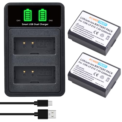 PowerTrust 2Pcs LP-E10 Akku mit Ladegerät für Canon EOS 2000D 4000D 3000D 1500D 1300D 1200D 1100D, Rebel T7 T3 T5 T6, Kiss X50 X70 X80 X90 Kamera