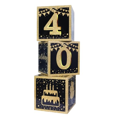 SietDESEO 3 Pcs 40th Birthday Decorations Boxes for Women Men Black and Gold Balloons Box for Party Supplies Happy 40th Birthday Cardboard Box Decoration