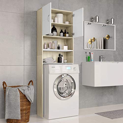 Festnight Armario de Lavadora Aglomerado Mueble para baño con Hueco para Lavadora Mueble Auxiliar para WC Lavadora o Secadora 64x25,5x190 cm