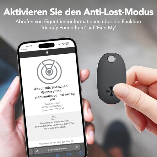 Smart Tracker Tag 4er Pack, Schlüsselfinder KeyFinder Kompatibel mit Apple Wo ist? APP (iOS NUR, Android Not Supported), Bluetooth Key Finder für Gepäck/Taschen/Koffer, Austauschbarer Akku
