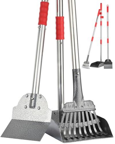 FUSBUNTY Pooper Scooper, Long Handle Dog Pooper Scooper, Heavy Duty Stainless Steel Rake with Tray & Spade Set for Pet Waste Removal, for Grass, Dirt or Gravel
