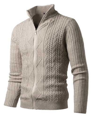 Harbrosrce - Cardigan da uomo, con collo alto, giacca casual, maglione, in maglia a costine, con cerniera, beige., L