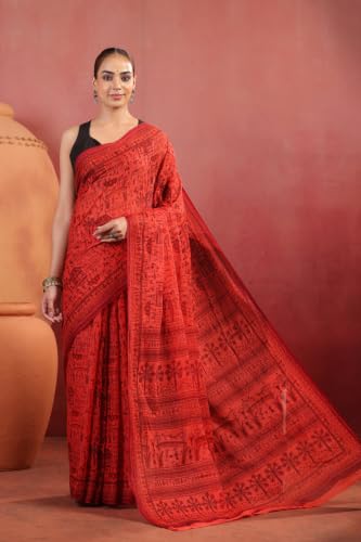 Image of TAMAIRA FASHION Off White Mulmul Pure Cotton Saree For Woman Warli Printed|Office Wear Daily Wear Sarees For Women Without Blouse Piece (Available in 21 Colours)