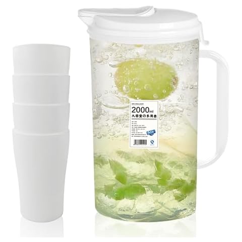 Gymdin Shatterproof Pitcher and 4 Cups, Slim Plastic Water Pitcher with Lid (2 L/68 oz), BPA Free, Freezer/Dishwasher safe, Perfect for Both Iced and Hot Drinks, White Cover