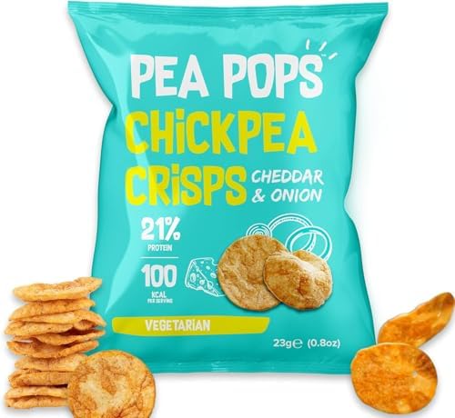 Food Factor Pea Pops Healthy Protein Chips - Delicious Chikpea Crisps 19% Protein Less Fat, Low Calorie, Gluten Free, Veggie Protein Snacks, Popped (Not Fried) 23g (Cheddar & Onion, Pack of 18)