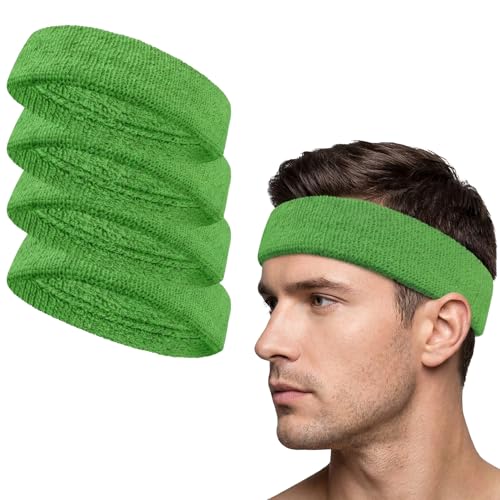 COUVER Terry Cloth Sports Headband 4 Pack, Bright Lime Green, One Size