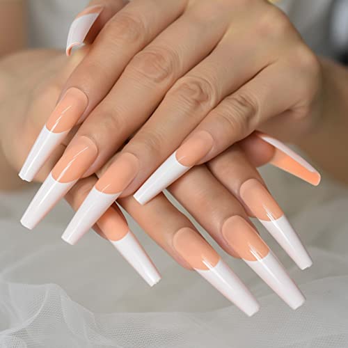 Extra Long Xxl Coffin Press On Nails Orange White Glossy French False Nail Tips Full Cover Acrylic Salon Diy Nail Art For Finger #TOP3