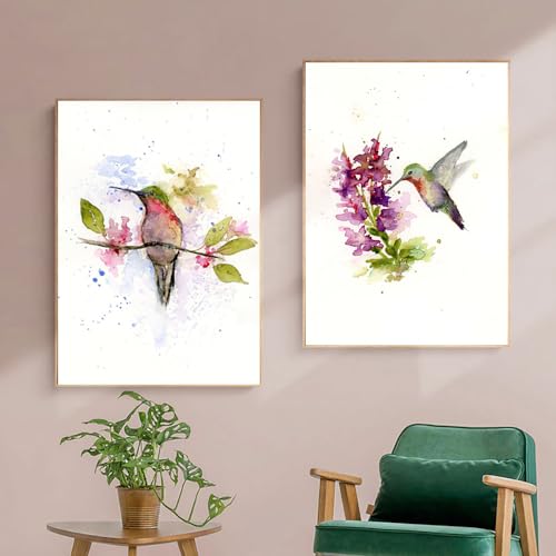 Affiche nature colibri pour salon : ensemble de 2 toiles aquarelle zen 40x60cm