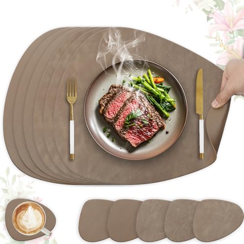 HELI MIAO 6er Set Tischset aus Leder-Imitat，Platzsets abwaschbar und wasserdicht，Platzdeckchen Lederoptik mit Untersetzer,Tischuntersetzer Doppelseitigen rutschfest(Oval,braun)