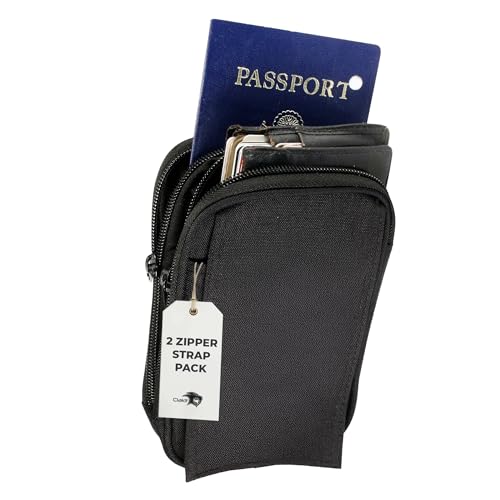 XL StrapPack Two Zipper Clip-On Pouch (Black), Travel Wallet, Backpack Pouch, Passport Holder