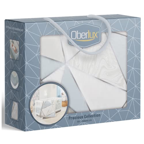 Oberlux Crib Bedding Set For Boys | 4-Piece Baby Nursery Bedding Crib Set | Geometric Patterns, Shiny Silver, Baby Blue & Marble Prints | Precious Collection #TOP6