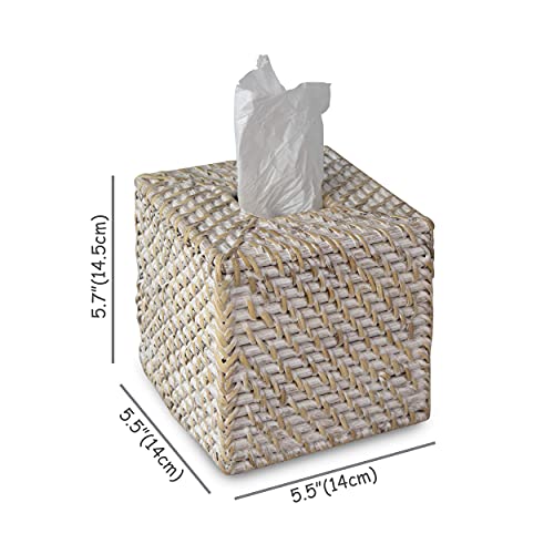 Woven Rattan Square Tissue Box Holder for Kitchen, Bathroom, Car | Decorative Wicker Refillable Facial Paper Napkin Dispenser Holder (Square Whitewash)