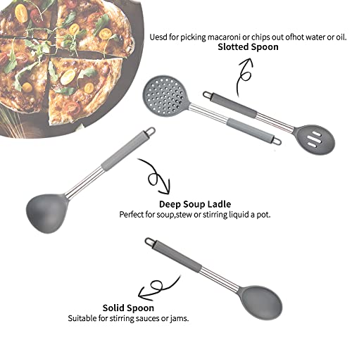 Dmfc Kitchen Utensils Set 15 Pieces Kitchenware Supplies Set Silicone Stainless Steel Handle Cooking Nonstick Pot High Temperature Resistant Spatula Spoon Kitchenware.(Grey) #TOP3