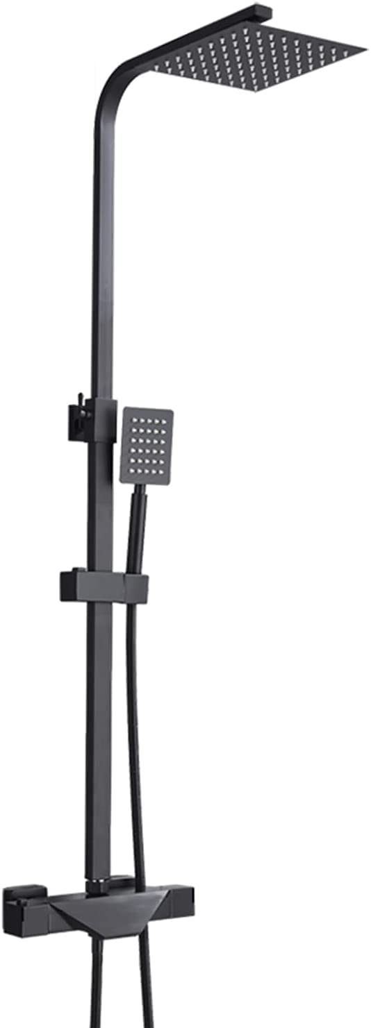 NGDFGR Shower 38℃ Thermostatic Shower Faucet Set Wall Mounted Brass Anti Scald Shower Combo Set With Rainfall Shower Head And Hand Shower Exposed Shower Column Easy Installation,Matte Black