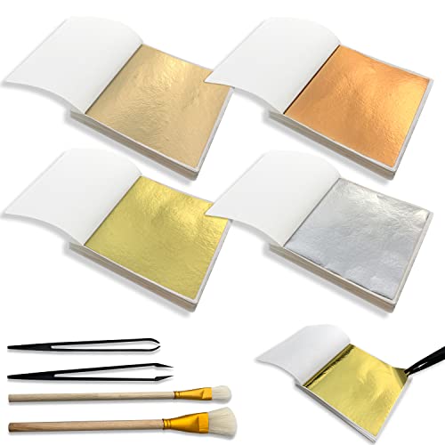 Lot de 200 feuilles d'or imitation feuille de papier doré multifonction, 4 couleurs, avec 2 stylos à laine et 2 pinces en plastique, pour la décoration, l'artisanat, la dorure Cover