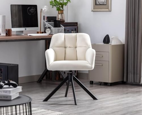Image of Finch Fox Battle Modern 360 Swivel Mid-Back Arm Faux-Leather Study Upholstered Comfortable Metal Base Computer Office Desk Chair in White Color (Set of 2)