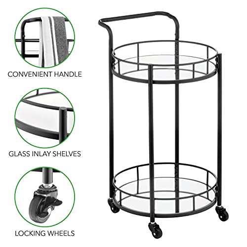 Mdesign Metal Vintage Round Beverage Rolling Cart For Home - 2-Tier Serving Bar Trolley With Easy-Glide, Rotating Wheels, Built-In Handle, And Glass Shelves For Wine And Craft Beer - Black #TOP3