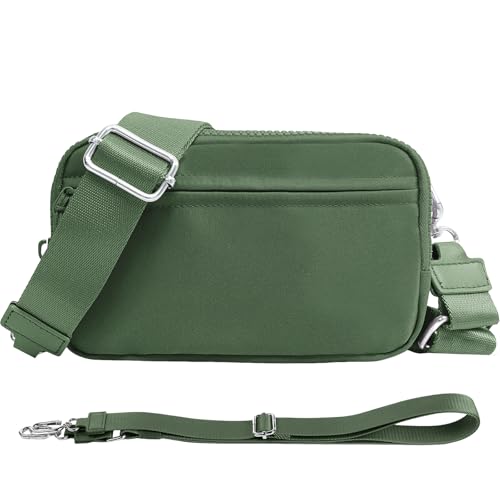 NBERMOTION Checkered Nylon Wristlet Wallets for Women RFID Blocking Purse With Credit Card Holder & Crossbody Strap(Pea Green2)