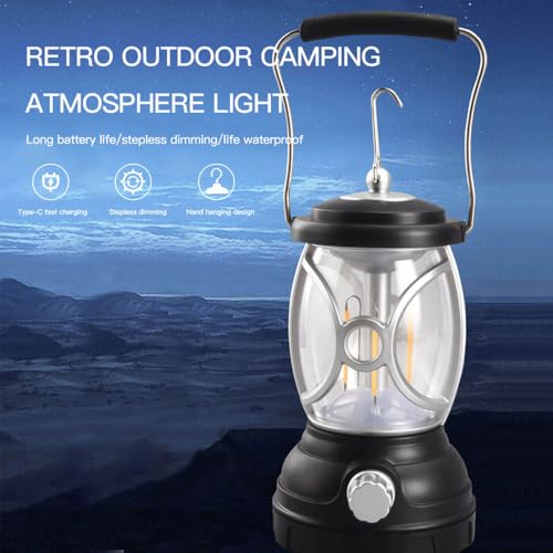 Image of QAWACHH Vintage 2 Color LED Camping Lantern Light Type-C Rechargeable Hanging Artistic Retro Outdoor Tent Light for Yard Patio Garden Lawn