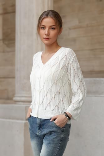Image of Women's 2025 Crochet Sweater Cardigan 3 /4 Sleeve Lightweight Summer Knit Sweater | Open Front Boho Shrug Top | Beach Cover-Up & Office Wear | Machine Washable 21-White-L