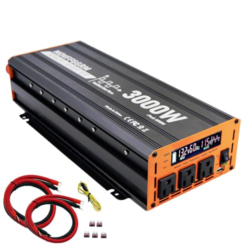 3000 Watt Power Inverter Converter, Car/Truck/RV 12V DC to 110V AC Converter, with LED Display, 3AC Outlets, USB Port