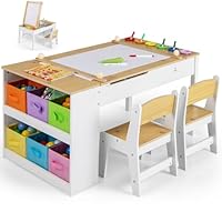 GYMAX 2 in 1 Kids Table and Chairs Set, Wooden Children Art Table with 2 Chairs, 6 Storage Boxes, Paper Roller & Shelves, Toddler Activity Table Set for Drawing (Natural, 6 Cups: 109 x 60 x 55cm)
