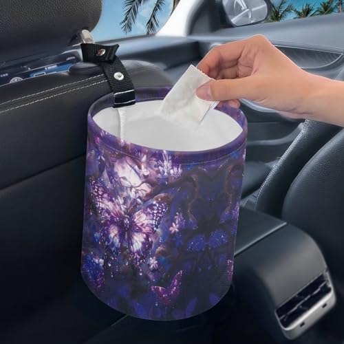 Image of Flower Butterfly Print Car Hanging Trash Can, Waterproof Foldable Car Interior Organizer for Seats and Console, Lightweight Car Garbage Bin for Vehicle Vocation Bedroom Office