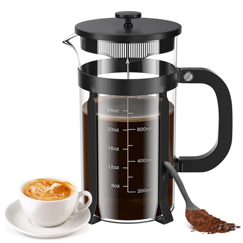 French Press Coffee Maker, 34 Ounce 1 Liter, Stainless Steel, Cold Brew Heat Resistant Borosilicate Glass Espresso Coffe - Detailed View