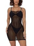 Sheer Cover Ups for Swimwear Women- Sexy Adjustable Spaghetti Strap See Through Mesh Mini Dress Large Black