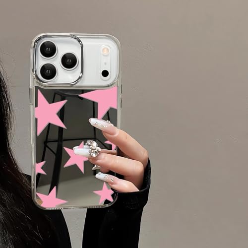 xoniery Compatible with iPhone 17 Pro Cute Glossy Mirror Case,Pink Cool Stars,Senior Shockproof Protection and Silver Lens Frame for Women Girls man