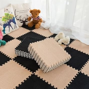 Puzzle Carpet Tiles 16pcs Carpet Padding,Plush Puzzle Foam Floor Mat,Interlocking Plush Fluffy Rug Climbing Area Carpet Squares Puzzle Floor Tiles For Home Playroom Fluffy CarpetBlack and G