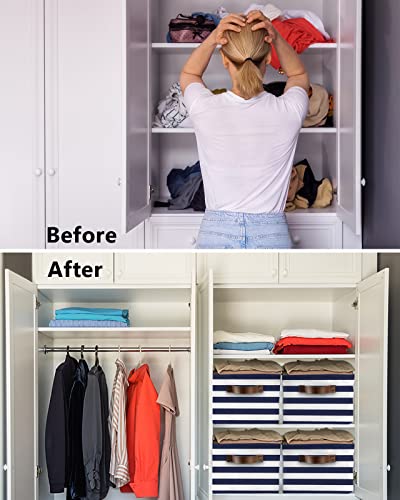 Large Storage Baskets Bins 2 Pack Navy Blue White Striped Farmhouse Collapsible Storage Box Laundry Organizer For Closet Shelf Nursery Kids Bedroom Rustic Geometric #TOP2
