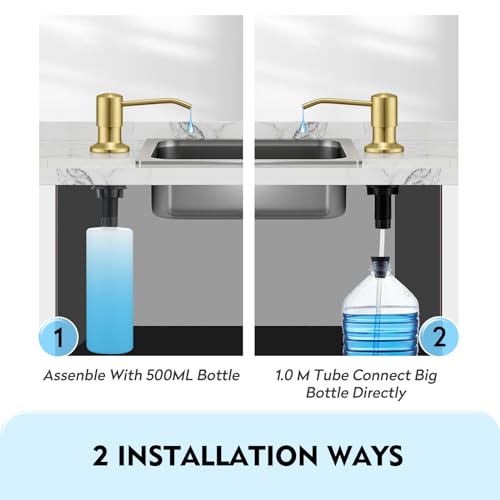 CREA Küchenspülen Eingebaute Seifenspender, Spülmittelspender für Spülbecken Einbau in Arbeitsplatte mit 500ml Flasche und 1m Verlängerungsschlauch von Oben Befüllen Edelstahl, Gold