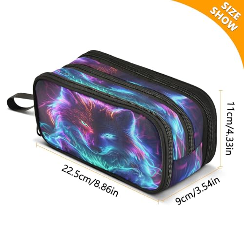 Image of Neon Wolf Galaxy Wolves Pencil Case Large Capacity Pencil Pouch Box Boys Girls School Supplies Pen Case Bag with Handle 3 Compartments Zipper
