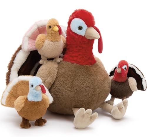 Image of Thanksgiving Turkey Stuffed Animal with 3 Babies, 14 inch Fall Plush