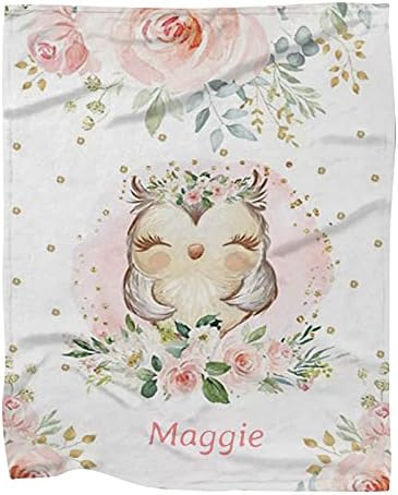 Personalized Woodland Owl Pink Floral Baby Blanket with Name for Girls Boys Custom Nursery Kids Blankets for Baby Shower Birthday Gifts Customized Soft Fleece Throw Tapestry 30 x 40 inch
