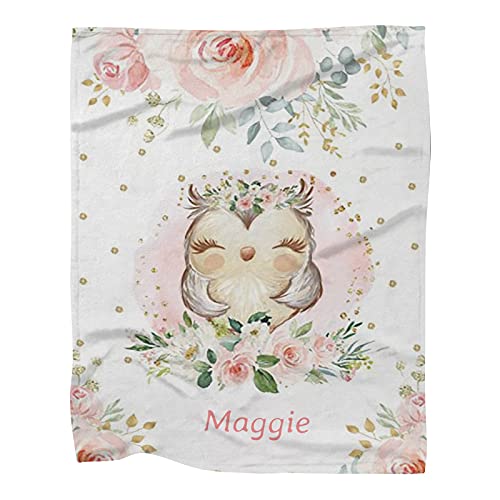 Personalized Woodland Owl Pink Floral Baby Blanket With Name For Girls Boys Custom Nursery Kids Blankets For Baby Shower Birthday Gifts Customized Soft Fleece Throw Tapestry 30 X 40 Inch #TOP3