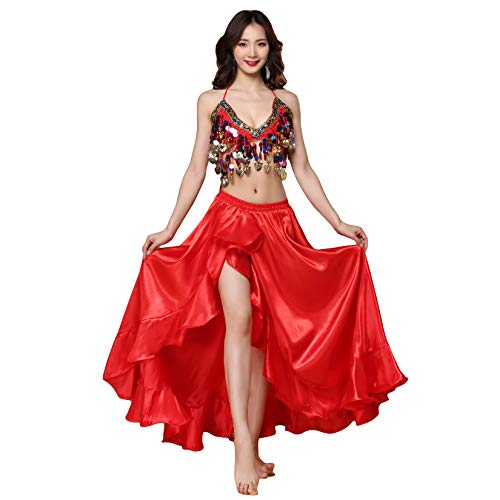 Munafie Belly Dance Skirt Satin Split Side Long Skirts For Women Hot Red #TOP2