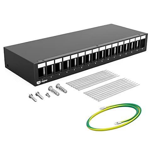 hb-digital 16-portowy panel krosowy obudowa do modułów Keystone z np. gniazdem RJ45 RJ11 Socket wtyczka antenowa złącze F złącze USB-C USB-A BF/AF HDMI zacisk biegunowy gniazdo gwintowane BNZ - czarny