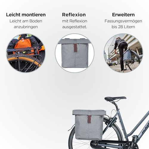 Basil City Doppeltasche – für Gepäckträger hinten – einfache Befestigung – 28–32 Liter – Grau